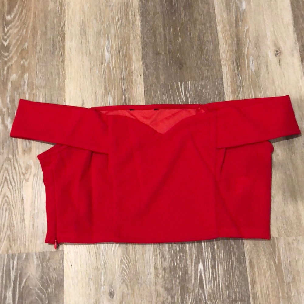 Red crop top off shoulder